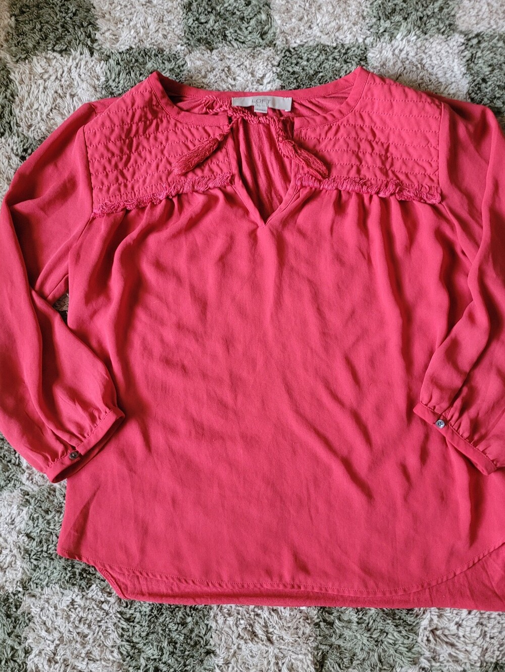LOFT Coral Red Tie-Neck Smocked Yoke Blouse